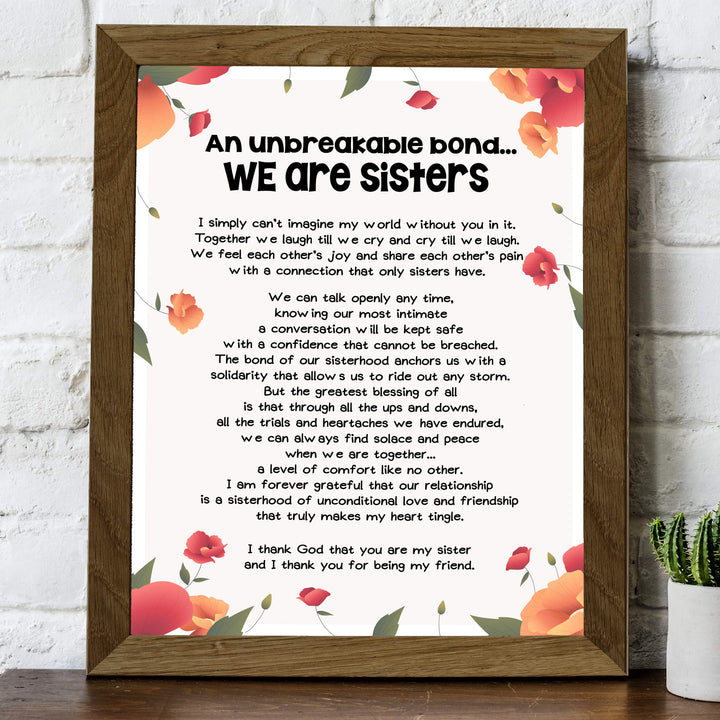 We Are Sisters Inspirational Poem Wall Art -8 x 10" Floral Poster Print-Ready to Frame. Modern Typographic Design. Perfect Home-Office-Studio Decor. Loving, Keepsake Gift for All Sisters!