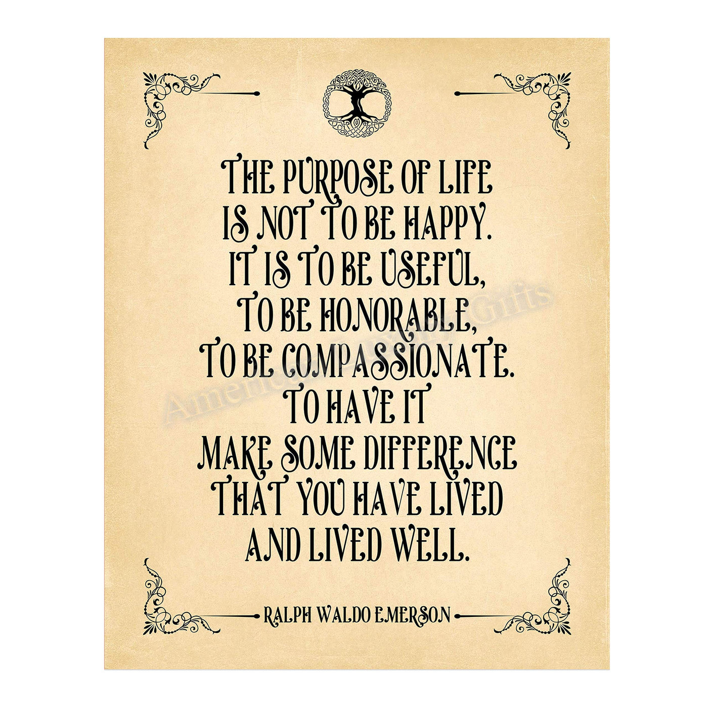 Ralph Waldo Emerson Quotes-"The Purpose Of Life Is To Be Useful" Inspirational Wall Art -11 x 14" Poetic Distressed Parchment Print-Ready To Frame. Perfect Home-Office-Study-School-Library Decor!