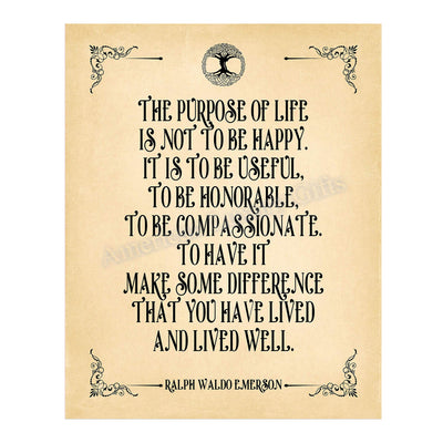 Ralph Waldo Emerson Quotes-"The Purpose Of Life Is To Be Useful" Inspirational Wall Art -11 x 14" Poetic Distressed Parchment Print-Ready To Frame. Perfect Home-Office-Study-School-Library Decor!