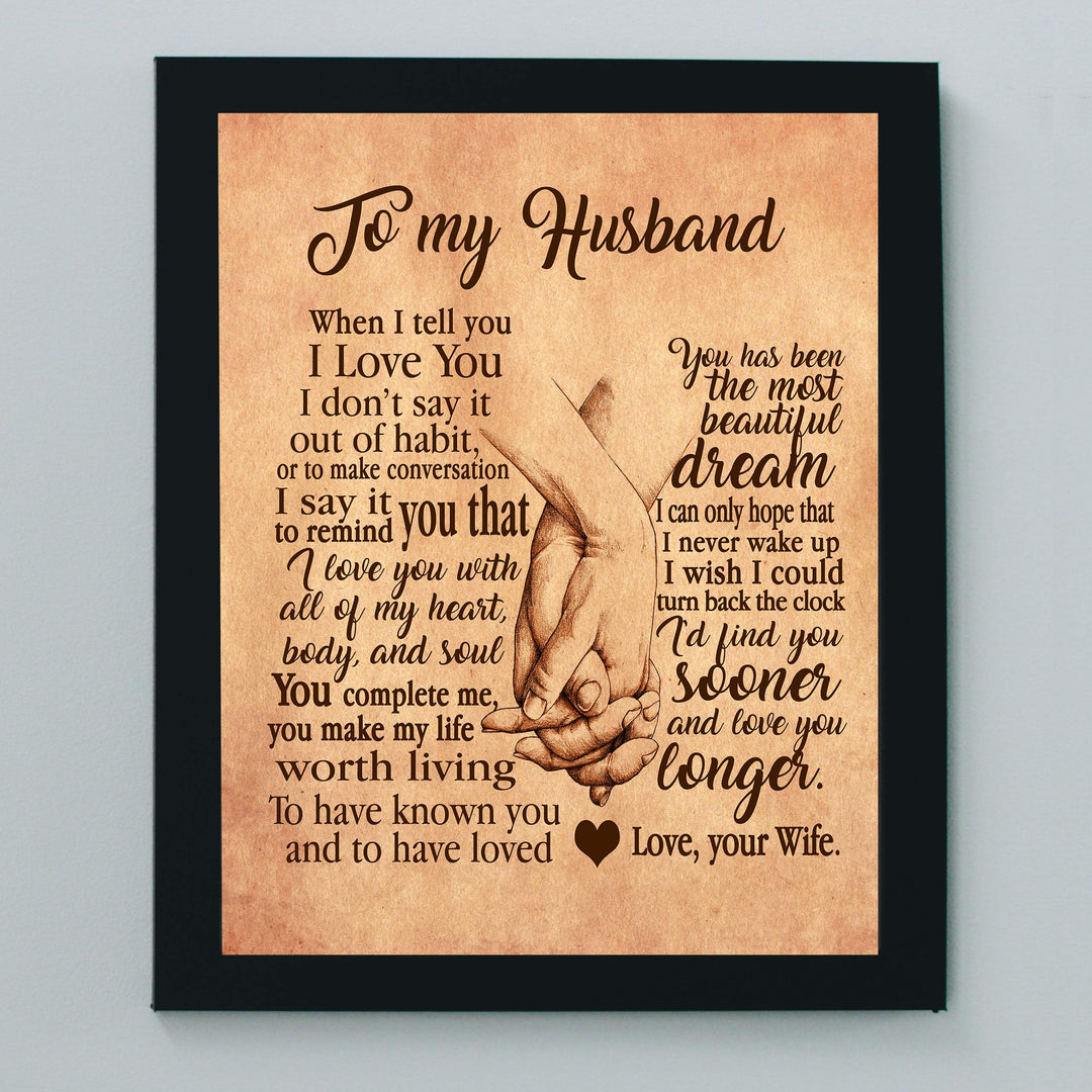 To My Husband-Love &amp; Marriage Wall Art Decor -8 x 10" Distressed Parchment Print with Holding Hands Image-Ready to Frame. Loving Keepsake for Spouses, Newlyweds. Perfect Wedding-Anniversary Gift!