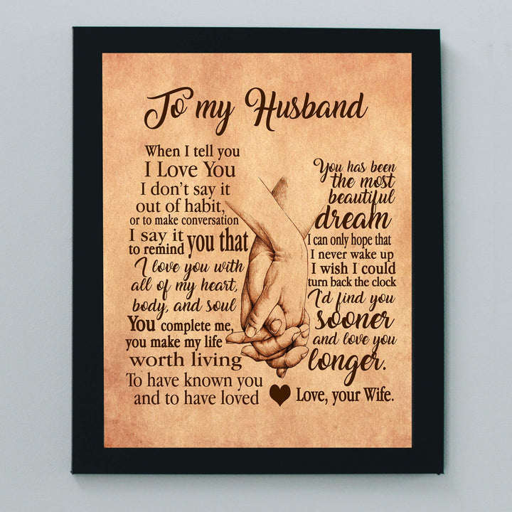 To My Husband-Love &amp; Marriage Wall Art Decor -8 x 10" Distressed Parchment Print with Holding Hands Image-Ready to Frame. Loving Keepsake for Spouses, Newlyweds. Perfect Wedding-Anniversary Gift!