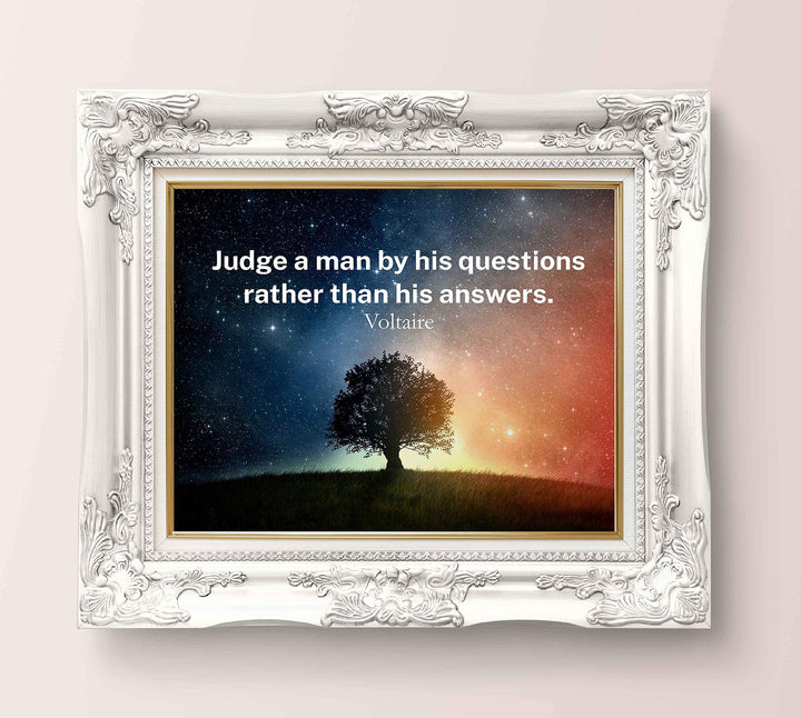 Voltaire Quotes Wall Art-"Judge A Man By His Questions"-10x8" Starry Night Typographic Print-Ready to Frame. Inspirational Home-Office-Classroom-Library Decor. Great Gift of Philosophy &amp; Inspiration!