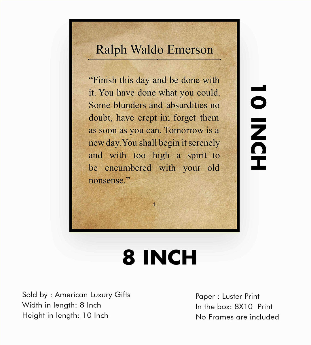 Ralph Waldo Emerson-"Finish This Day &amp; Be Done With It"- Inspirational Poem Page Print- 8 x 10" Poetic Wall Art. Distressed Parchment Print-Ready To Frame. Perfect Home-Office-Study-School Decor!