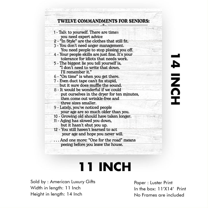 12 Commandments for Seniors Funny Inspirational Quotes -11 x 14" Vintage Sayings Wall Art Print -Ready to Frame. Rustic Wood Design Decor. Home-Kitchen-Office-Patio &amp; Gifts! Printed on Photo Paper.