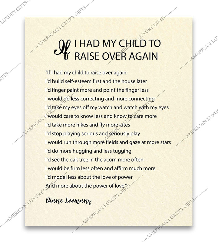 ?If I Had My Child To Raise Over Again?-Diane Loomans Quotes Wall Art -8 x 10" Modern Poster Print-Ready to Frame. Inspirational Home-Office-School Decor. Positive Advice to Inspire Family Time!