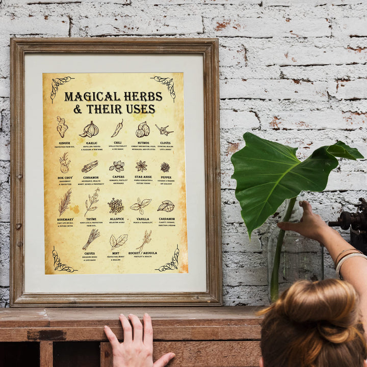 "Magical Herbs &amp; Their Uses" Mystical Garden Herb Wall Art Sign -11 x 14" Spells &amp; Magic Poster Print -Ready to Frame. Spiritual Farmhouse Sign for Home-Kitchen-Patio-Garage-Porch Decor!