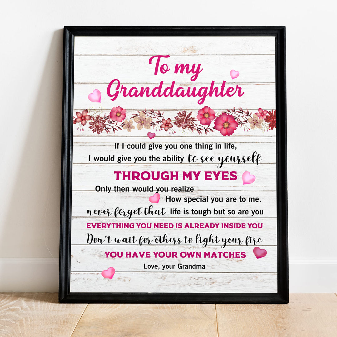 My Special Granddaughter - Love Grandma Inspirational Family Wall Art Sign -11 x 14" Pink Floral Heart Print -Ready to Frame. Perfect Home-Bedroom Decor. Loving Keepsake Gift for Teens &amp; Girls!