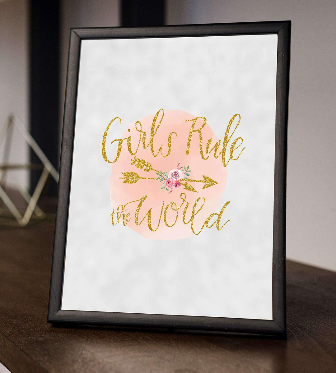 Girls Rule The World- 8 x 10"- Inspirational Wall Art- Ready to Frame. Gold Glitter-Floral Design Print- Home-Bedroom-Office D?cor. Perfect Fun Gift To Encourage Girls, Young Ladies &amp; Teens.