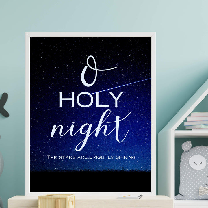 O Holy Night Christmas Song Wall Art -11 x 14" Christian Holiday Poster Print-Ready to Frame. Typographic w/Starry Night Design. Home-Welcome-Kitchen-Farmhouse Decor. Great Religious Gift!