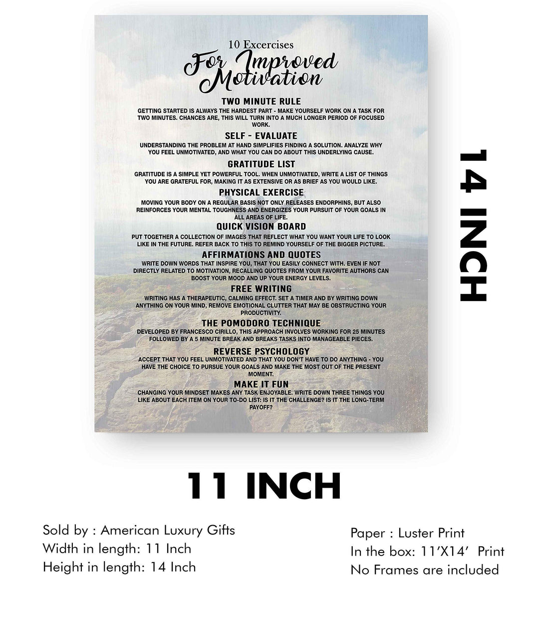 10 Exercises for Improved Motivation-11 x 14" Motivational Exercise Poster Print. Modern Inspirational Wall Art Sign- Ready to Frame. Home-Office-Gym-Studio Decor. Perfect Gift to Motivate All!