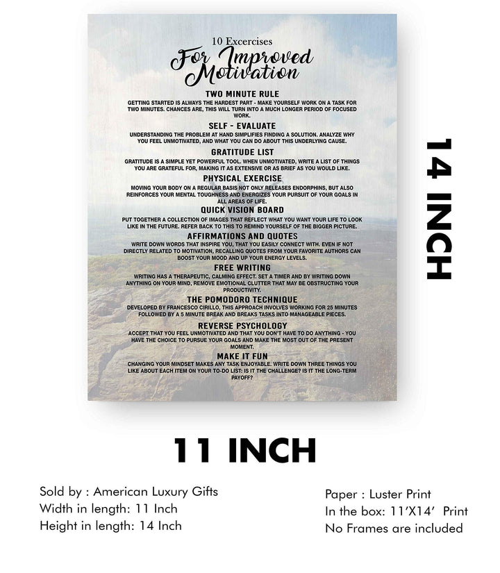 10 Exercises for Improved Motivation-11 x 14" Motivational Exercise Poster Print. Modern Inspirational Wall Art Sign- Ready to Frame. Home-Office-Gym-Studio Decor. Perfect Gift to Motivate All!