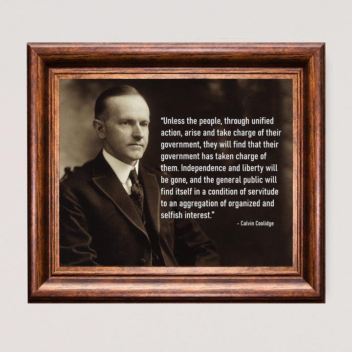 Calvin Coolidge Quotes-"Unless the People Arise and Take Charge of Government"-10x8" Political Wall Art Print-Ready to Frame. Presidential Portrait Print for Home-Office-School-Library Decor.