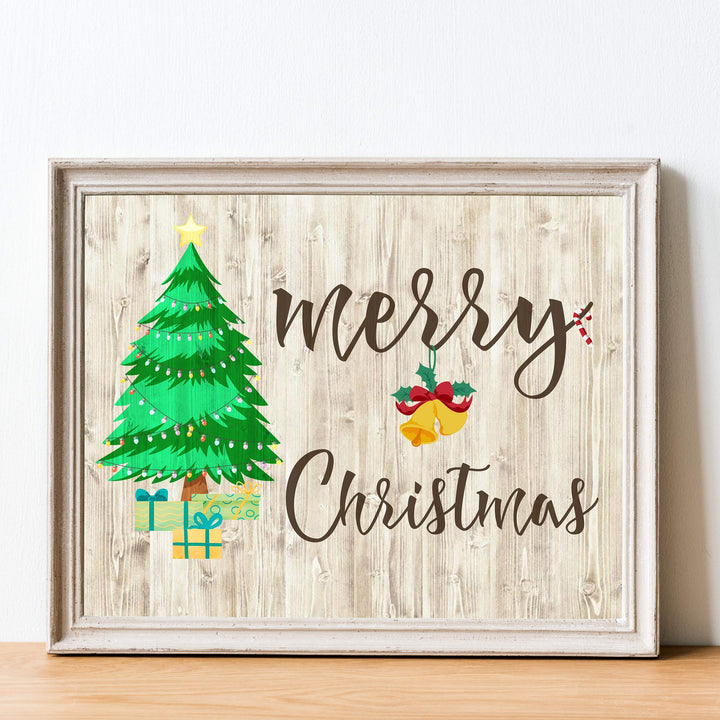 Merry Christmas Rustic Holiday Wall Decor -14 x 11" Festive Winter Art Print with Christmas Tree Image-Ready to Frame. Home-Kitchen-Farmhouse-Welcome Decor. Great Christian Gift! Printed on Paper.