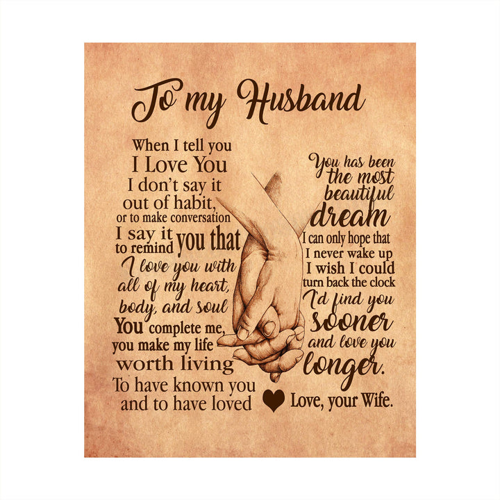 To My Husband-Love &amp; Marriage Wall Art Decor -8 x 10" Distressed Parchment Print with Holding Hands Image-Ready to Frame. Loving Keepsake for Spouses, Newlyweds. Perfect Wedding-Anniversary Gift!
