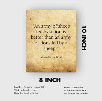 Alexander the Great-"An Army of Sheep Led By a Lion Is Better"-History Quotes Wall Art-8 x 10" Typographic Poster Print w/Lion Image-Ready to Frame. Motivational Home-Office-School-Cave Decor!