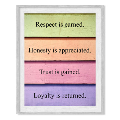 Respect Is Earned-Trust Is Gained Inspirational Life Quotes Wall Art-8 x 10" Typographic Print w/Replica Distressed Design-Ready to Frame. Rustic Home-Office-School Decor. Great Motivational Gift!