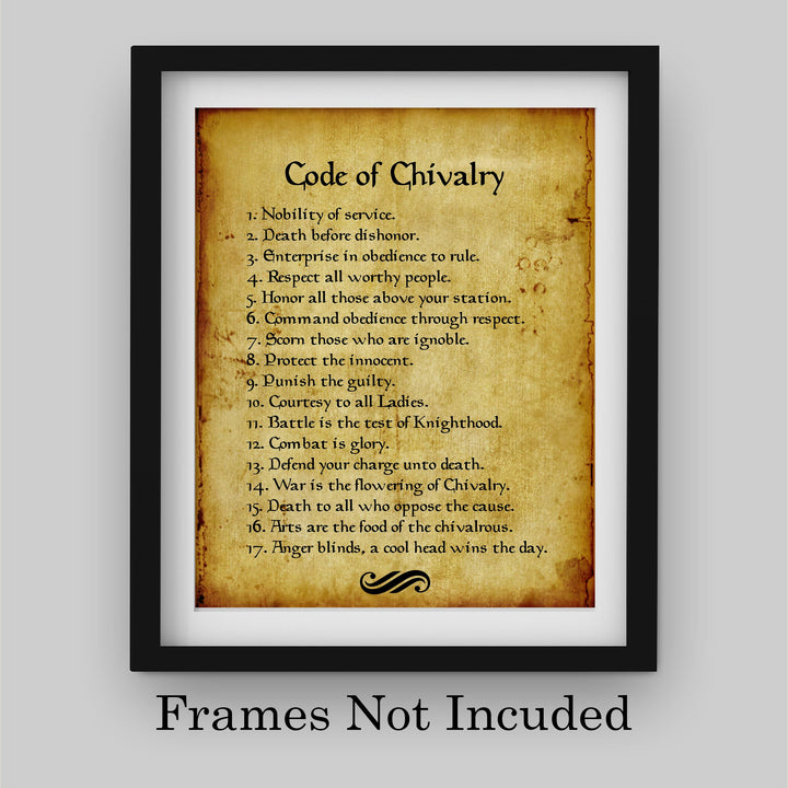 Code of Chivalry Motivational Wall Art for Men -8 x 10" Typographic Poster Print-Ready to Frame. Distressed Parchment Design. Home-Office-Man Cave-School Decor. Great Advice for All Gentlemen!