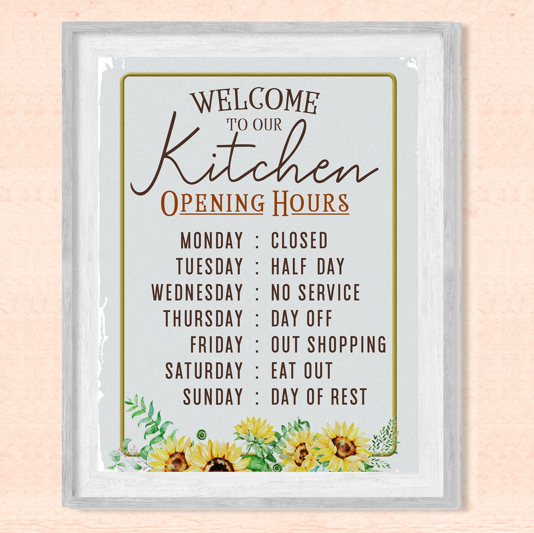 "Kitchen Opening Hours: Monday Closed" Funny Kitchen Wall Sign -11 x14" Typographic Farmhouse Wall Art Print -Ready to Frame. Perfect Home, Kitchen, &amp; Dining Decor. Fun for Family &amp; Guests!