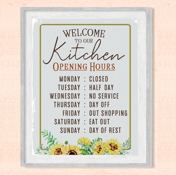 "Kitchen Opening Hours: Monday Closed" Funny Kitchen Wall Sign -11 x14" Typographic Farmhouse Wall Art Print -Ready to Frame. Perfect Home, Kitchen, &amp; Dining Decor. Fun for Family &amp; Guests!