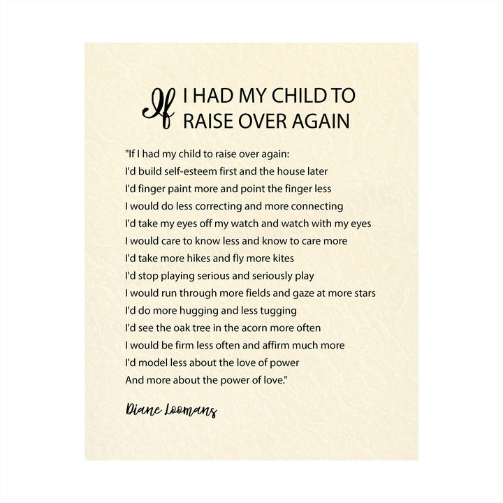 ?If I Had My Child To Raise Over Again?-Diane Loomans Quotes Wall Art -8 x 10" Modern Poster Print-Ready to Frame. Inspirational Home-Office-School Decor. Positive Advice to Inspire Family Time!