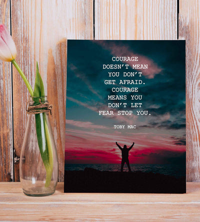 Courage Means You Don't Let Fear Stop You-Toby Mac Quotes Wall Art-8 x 10" Purple Sunset Typographic Poster Print-Ready to Frame. Inspirational Home-Studio-Office Decor. Perfect Life Lesson!