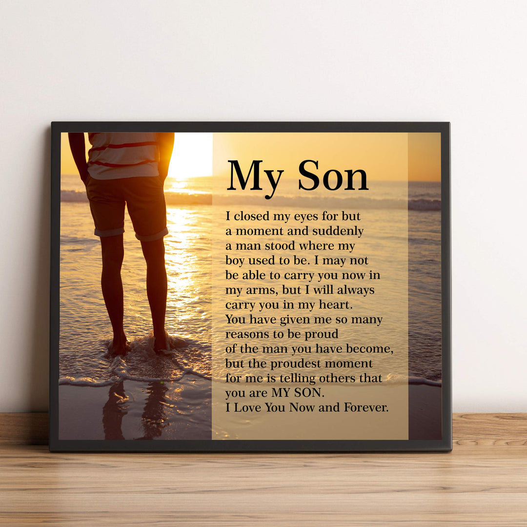 My Son-Love You Now &amp; Forever Inspirational Family Wall Art -10 x 8" Modern Typographic Beach Sunset Print-Ready to Frame. Loving, Heartfelt Message for All Sons. Great Wedding-Graduation Gift!
