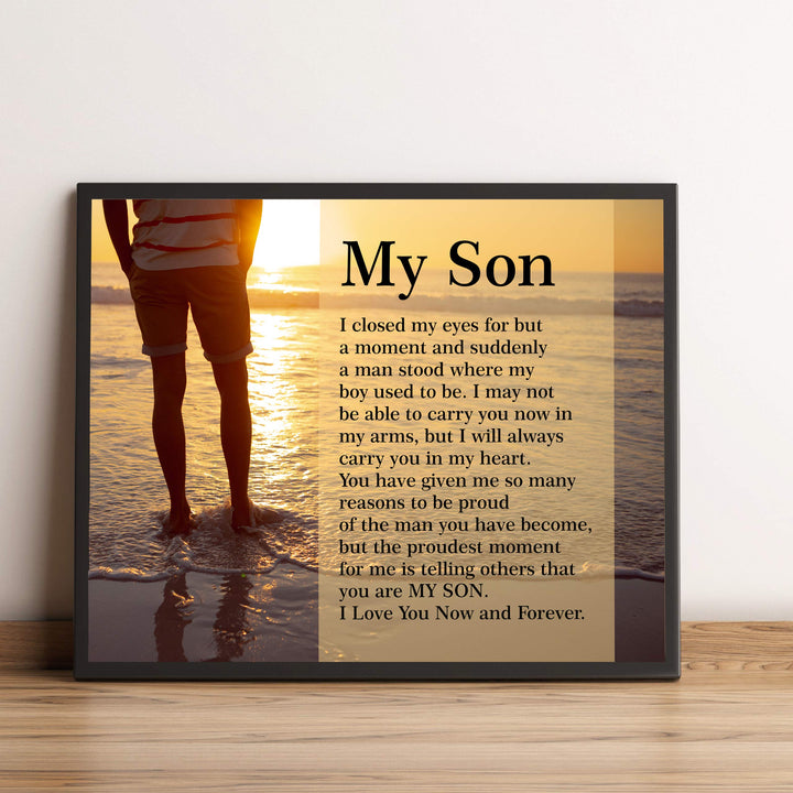 My Son-Love You Now &amp; Forever Inspirational Family Wall Art -10 x 8" Modern Typographic Beach Sunset Print-Ready to Frame. Loving, Heartfelt Message for All Sons. Great Wedding-Graduation Gift!