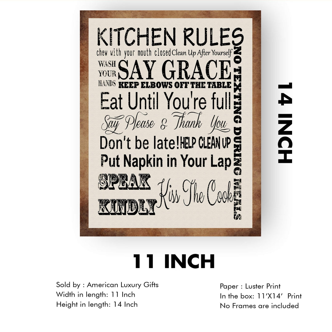 Kitchen Rules for Good Manners- Funny Kitchen Sign- 11 x 14" Humorous Typographic Wall Art Print-Ready to Frame. Perfect Home Decor &amp; Kitchen Decor. Fun Reminders to Inspire Good Table Manners!