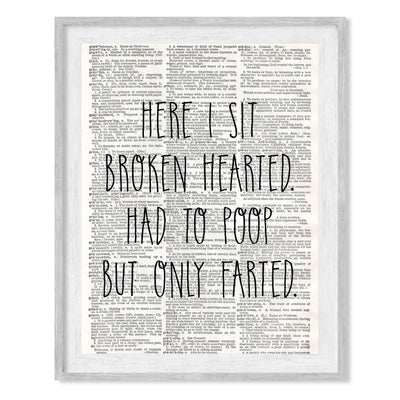 Funny Bathroom Wall Art-"Here I Sit Broken Hearted-Had to Poop-Only Farted"-8 x 10" Modern Newspaper Design Art Print-Ready to Frame. Humorous Decor for Home-Guest Bathroom. Great Housewarming Gift!