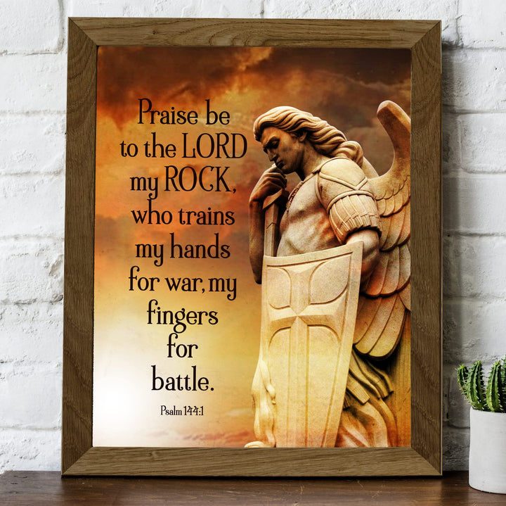 Praise Be to the Lord, My Rock-Bible Verse Wall Art-8 x 10" Scripture Print w/Angel Warrior Image-Ready to Frame. Christian Decor for Home-Office-Church. Great Religious Gift of Faith! Psalm 144:1