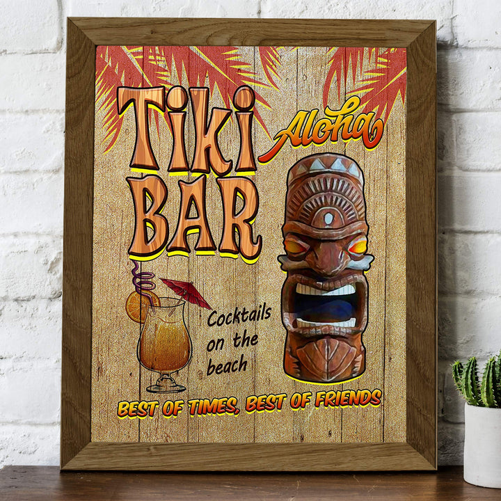 Tiki Bar-Cocktails on the Beach Funny Hawaiian Themed Sign -8 x 10" Tropical Wall Art Print w/Replica Wood Design-Ready to Frame. Fun Home-Pool-Beach House-Ocean Decor. Printed on Photo Paper.