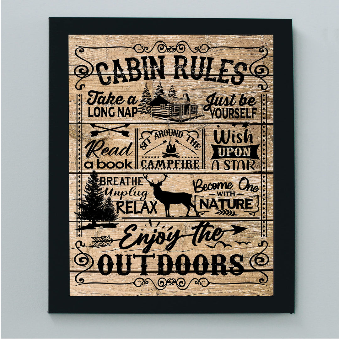 Cabin Rules- Rustic Wall Decor -8 x 10" Replica Distressed Wood Print-Ready to Frame. Perfect Wall Decor for Lake House-Lodge. Great Reminders to Relax and Enjoy Life! Printed on Photo Paper.