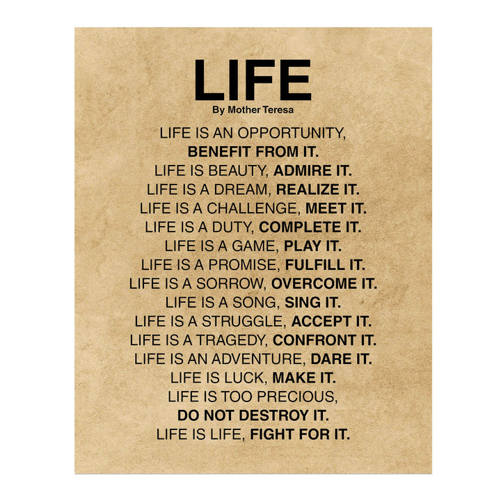 Mother Teresa Quotes-"Life Is."-Inspirational Wall Art -11x14" Distressed Parchment Print-Ready to Frame. Christian Decor for Home-Studio-Office-School Decor. Perfect Life Lessons for All!