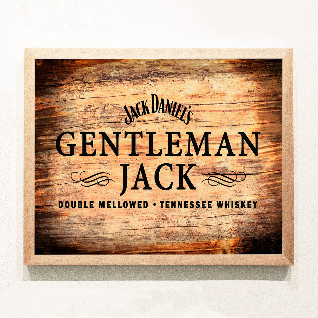 "Gentleman Jack"- Tennessee Bourbon Whiskey Wall Art - Rustic Wood Design Alcohol Print -Ready to Frame. Home-Kitchen-Bar-Man Cave Decor. Great Gift for All Liquor Drinkers!