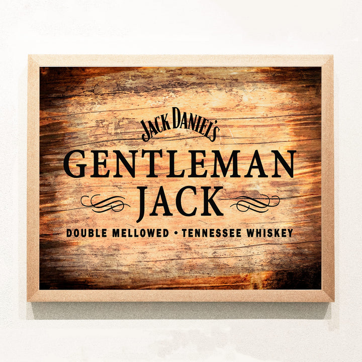 "Gentleman Jack"- Tennessee Bourbon Whiskey Wall Art - Rustic Wood Design Alcohol Print -Ready to Frame. Home-Kitchen-Bar-Man Cave Decor. Great Gift for All Liquor Drinkers!