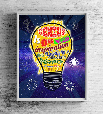 Thomas Edison-"Genius-1% Inspiration-99% Perspiration"-Motivational Quotes Wall Sign-8 x 10" Starry Night Print w/Artistic Light Bulb Image-Ready To Frame. Inspirational Home-Office-Classroom Decor!