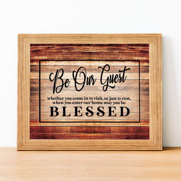 Be Our Guest-Be Blessed- Wood Replica Wall Art- 14 x 11"-Ready to Frame. Rustic Typographic Wall Print Ideal for Home-Guest Room-B&amp;B-Cabin-Lake-Beach House Decor. Printed on Paper, Not Wood.