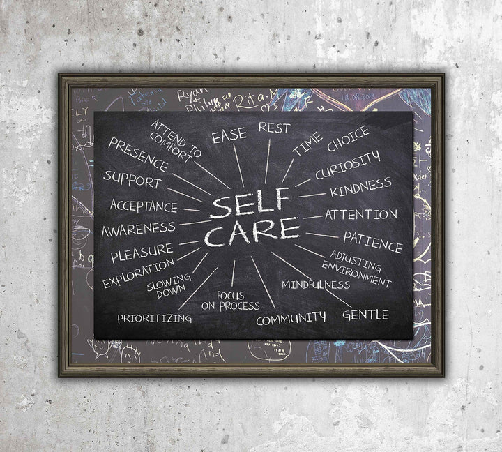 Self-Care Essentials-Chalkboard Replica Wall Art Print- 10 x 8"-Ready to Frame. Inspirational Wall Art Perfect for Home-Office-School-Dorm-Studio D?cor. Motivational Gift to Encourage Self-Care!