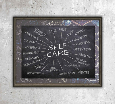 Self-Care Essentials-Chalkboard Replica Wall Art Print- 10 x 8"-Ready to Frame. Inspirational Wall Art Perfect for Home-Office-School-Dorm-Studio D?cor. Motivational Gift to Encourage Self-Care!