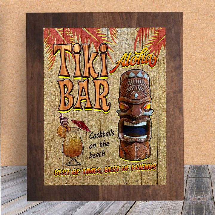 Tiki Bar-Cocktails on the Beach Funny Hawaiian Themed Sign -8 x 10" Tropical Wall Art Print w/Replica Wood Design-Ready to Frame. Fun Home-Pool-Beach House-Ocean Decor. Printed on Photo Paper.