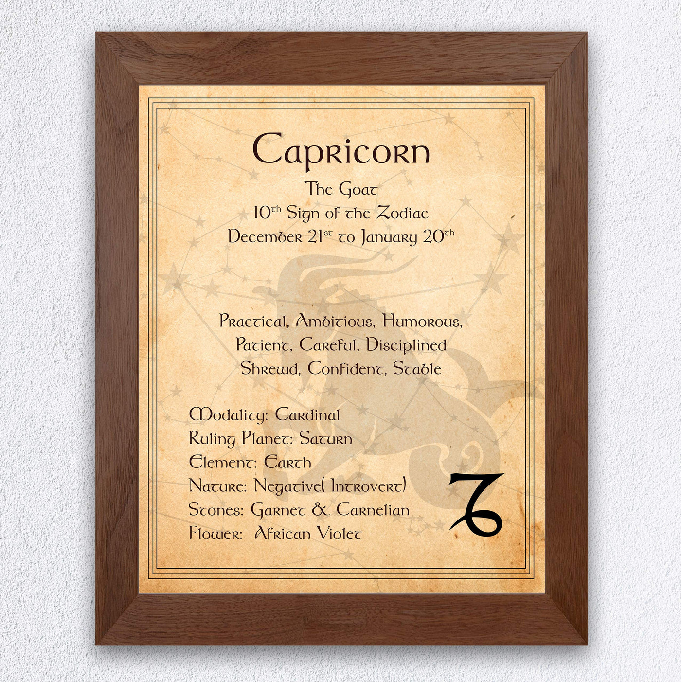 Capricorn-The Goat- Zodiac Sign Wall Art. 8 x 10" Print Wall Print-Ready to Frame. Constellation Design-Astrology Decor for Home-Office-Bedroom. Horoscope's Adjectives-Primary Elements. Great Gift!