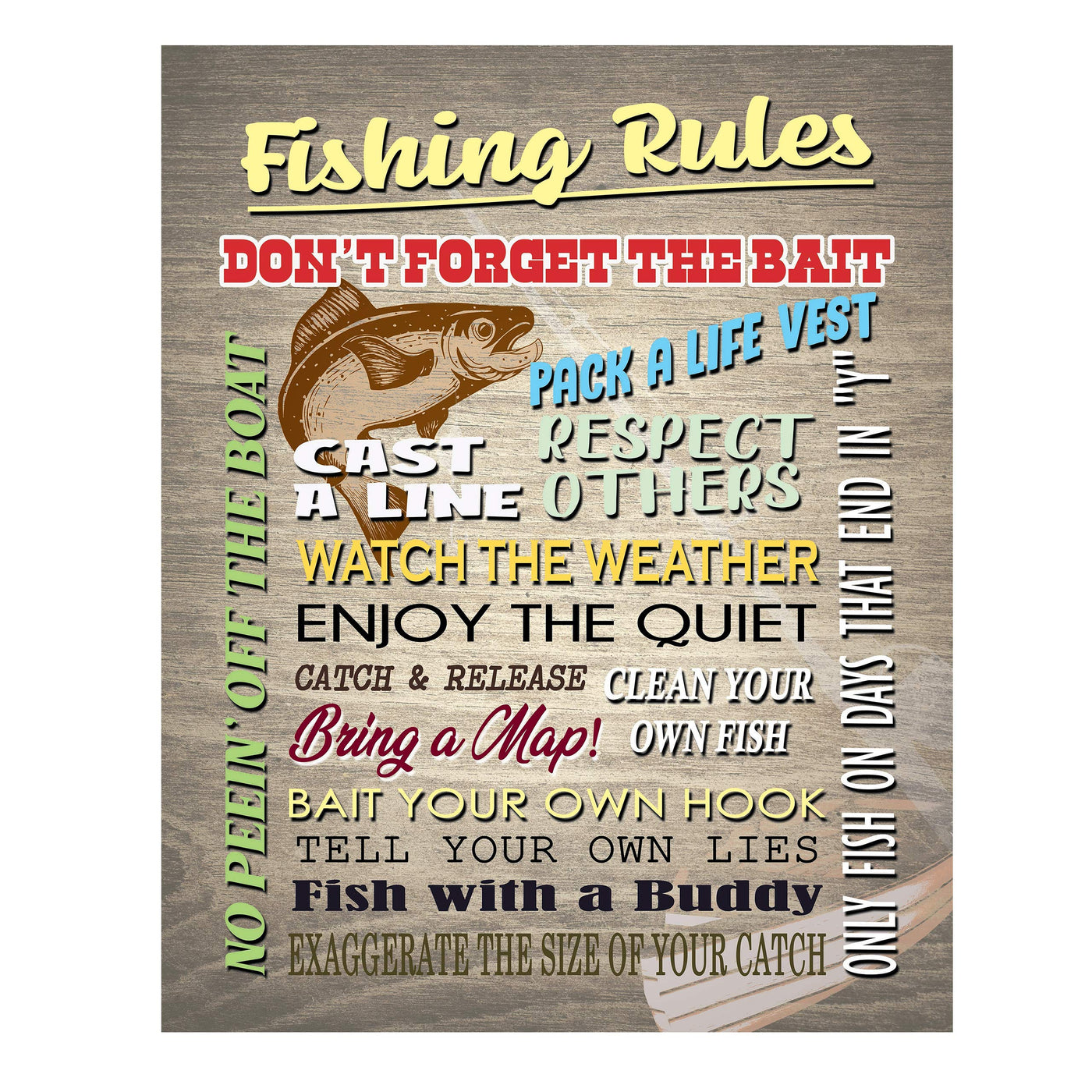 Fishing Rules-Don't Forget the Bait Rustic Fishing Wall Art Sign-11 x 14" Distressed Wood Replica Print-Ready to Frame. Perfect Wall Decor for Home-Office-Cabin-Lodge-Lake. Great Father's Day Gift!