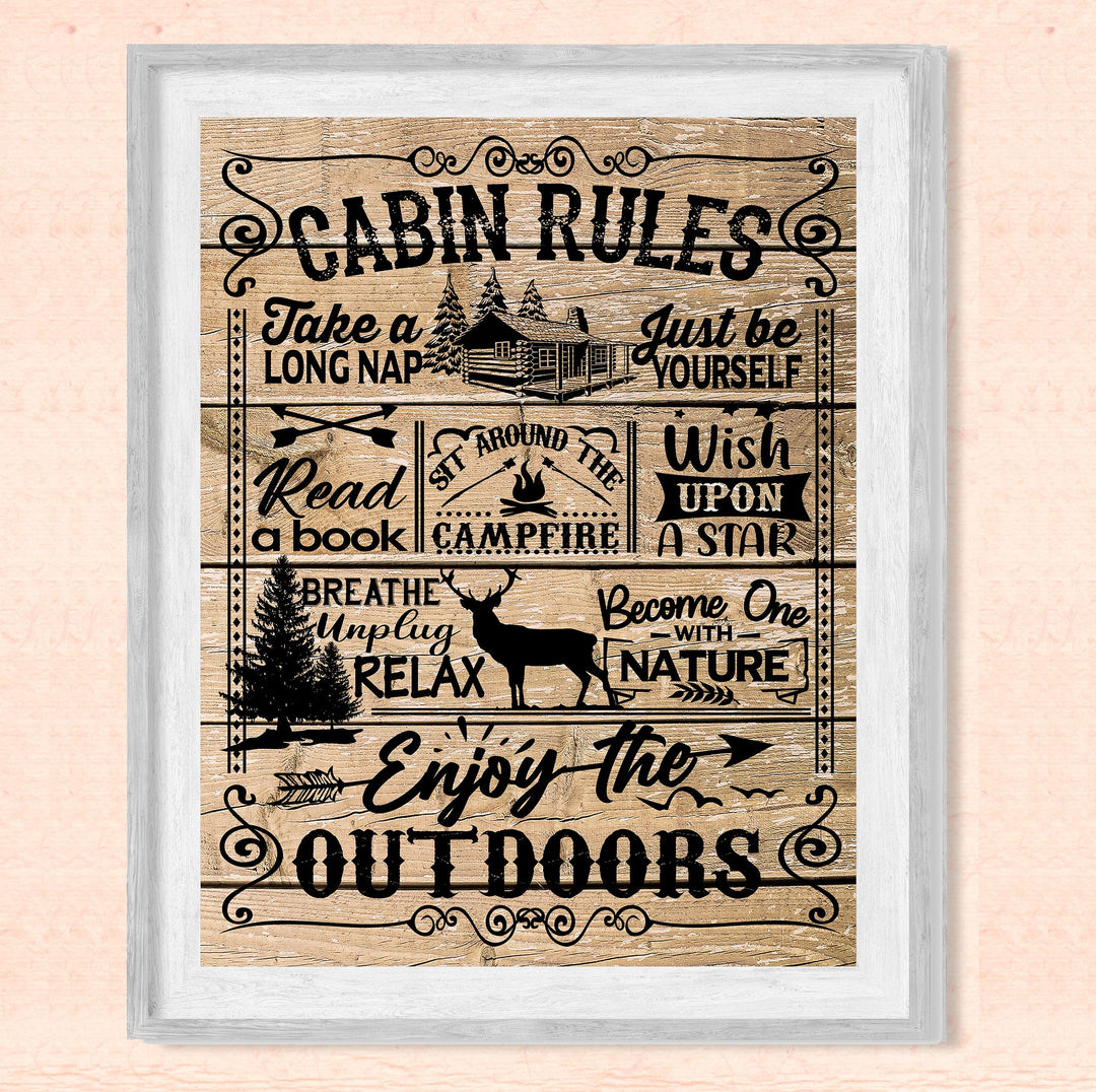 Cabin Rules- Rustic Wall Decor -8 x 10" Replica Distressed Wood Print-Ready to Frame. Perfect Wall Decor for Lake House-Lodge. Great Reminders to Relax and Enjoy Life! Printed on Photo Paper.