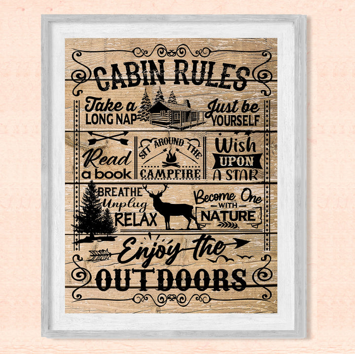 Cabin Rules- Rustic Wall Decor -8 x 10" Replica Distressed Wood Print-Ready to Frame. Perfect Wall Decor for Lake House-Lodge. Great Reminders to Relax and Enjoy Life! Printed on Photo Paper.