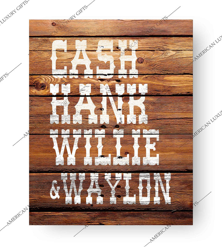 Cash, Hank, Willie &amp; Waylon Country Music Legends -8 x 10" Rustic Typographic Poster Print w/Distressed Wood Design. Perfect for Home-Studio-Bar-Man Cave Decor. Printed on Paper, Not Wood.