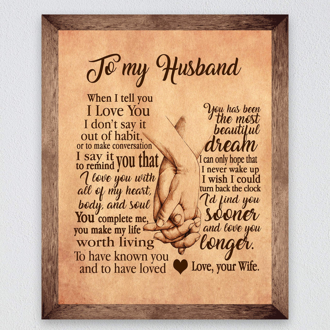 To My Husband-Love &amp; Marriage Wall Art Decor -8 x 10" Distressed Parchment Print with Holding Hands Image-Ready to Frame. Loving Keepsake for Spouses, Newlyweds. Perfect Wedding-Anniversary Gift!