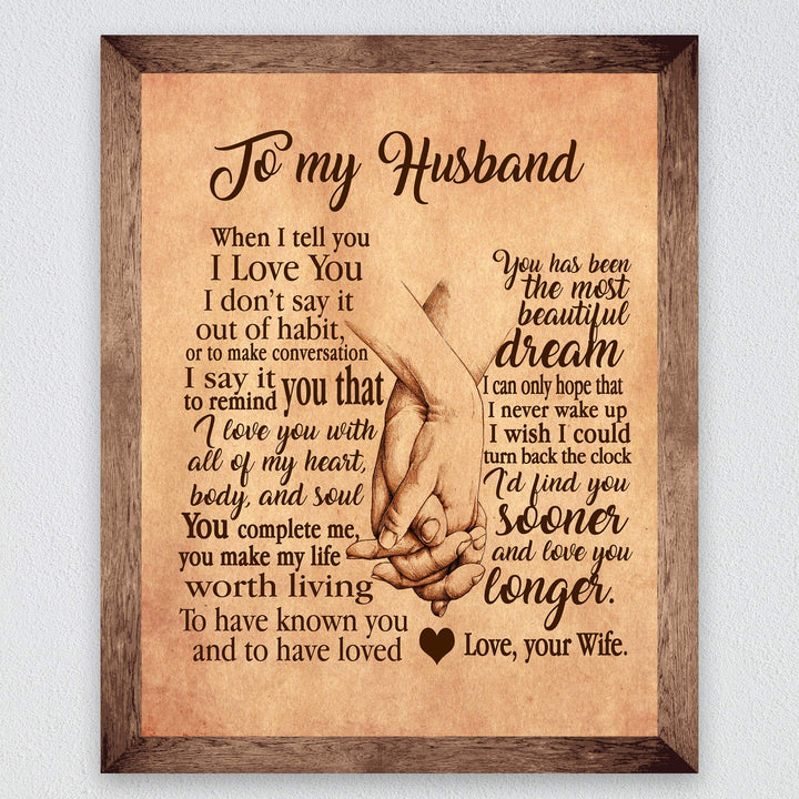 To My Husband-Love &amp; Marriage Wall Art Decor -8 x 10" Distressed Parchment Print with Holding Hands Image-Ready to Frame. Loving Keepsake for Spouses, Newlyweds. Perfect Wedding-Anniversary Gift!