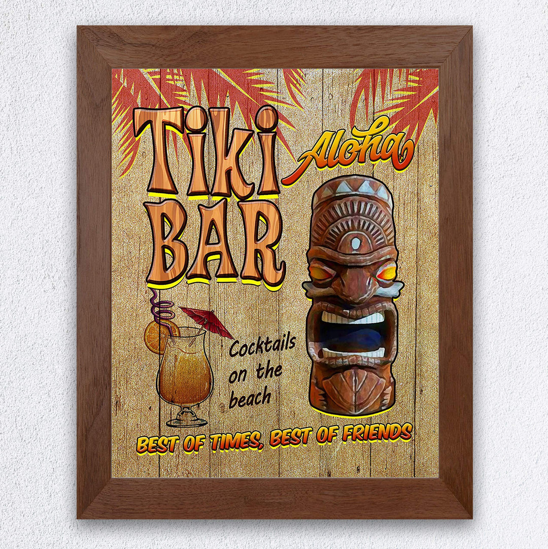 Tiki Bar-Cocktails on the Beach Funny Hawaiian Themed Sign -8 x 10" Tropical Wall Art Print w/Replica Wood Design-Ready to Frame. Fun Home-Pool-Beach House-Ocean Decor. Printed on Photo Paper.