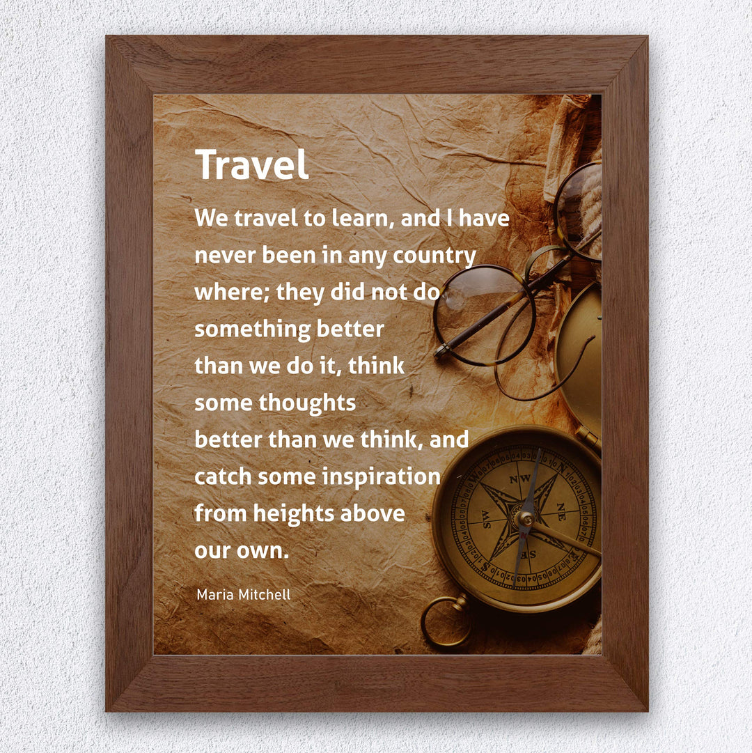 ?We Travel to Learn &amp; Catch Inspiration?-Motivational Wall Art-8x10" Typographic Distressed Parchment Print w/Compass Image-Ready to Frame. Inspirational Home-Office-Classroom-Cave-Library Decor!