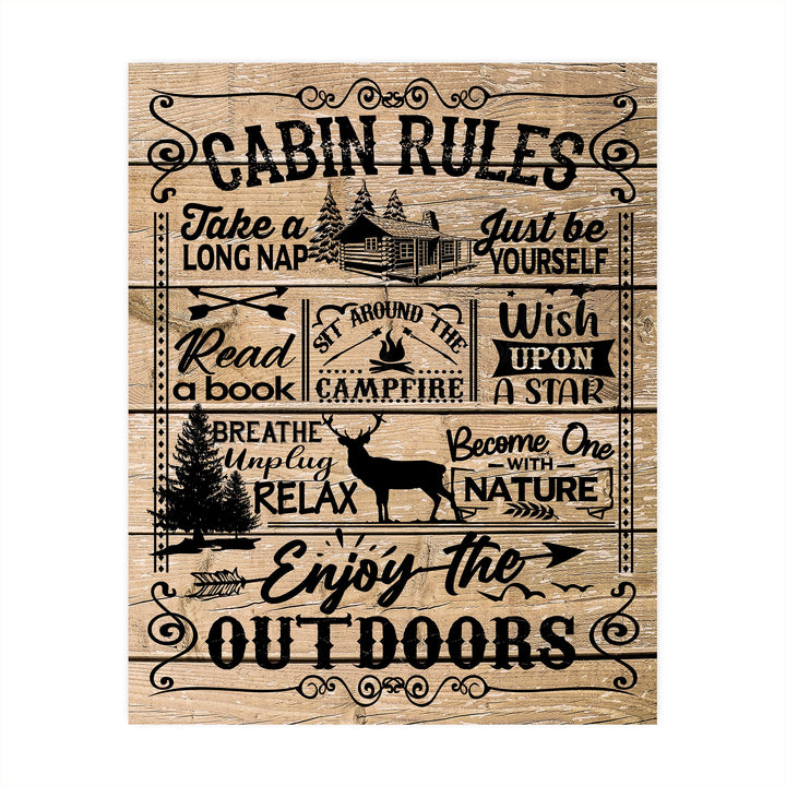 Cabin Rules- Rustic Wall Decor -8 x 10" Replica Distressed Wood Print-Ready to Frame. Perfect Wall Decor for Lake House-Lodge. Great Reminders to Relax and Enjoy Life! Printed on Photo Paper.